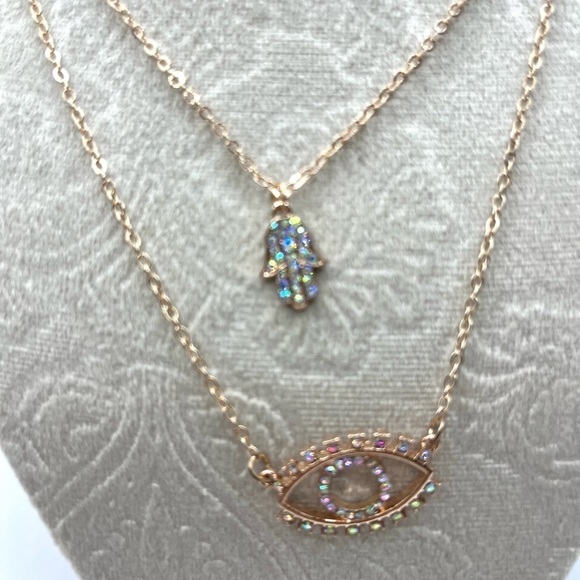 Necklace Hamsa Hand Pendant Layered Necklace Rose Gold Tone And Evil Eye Pendant - Picture 9 of 9